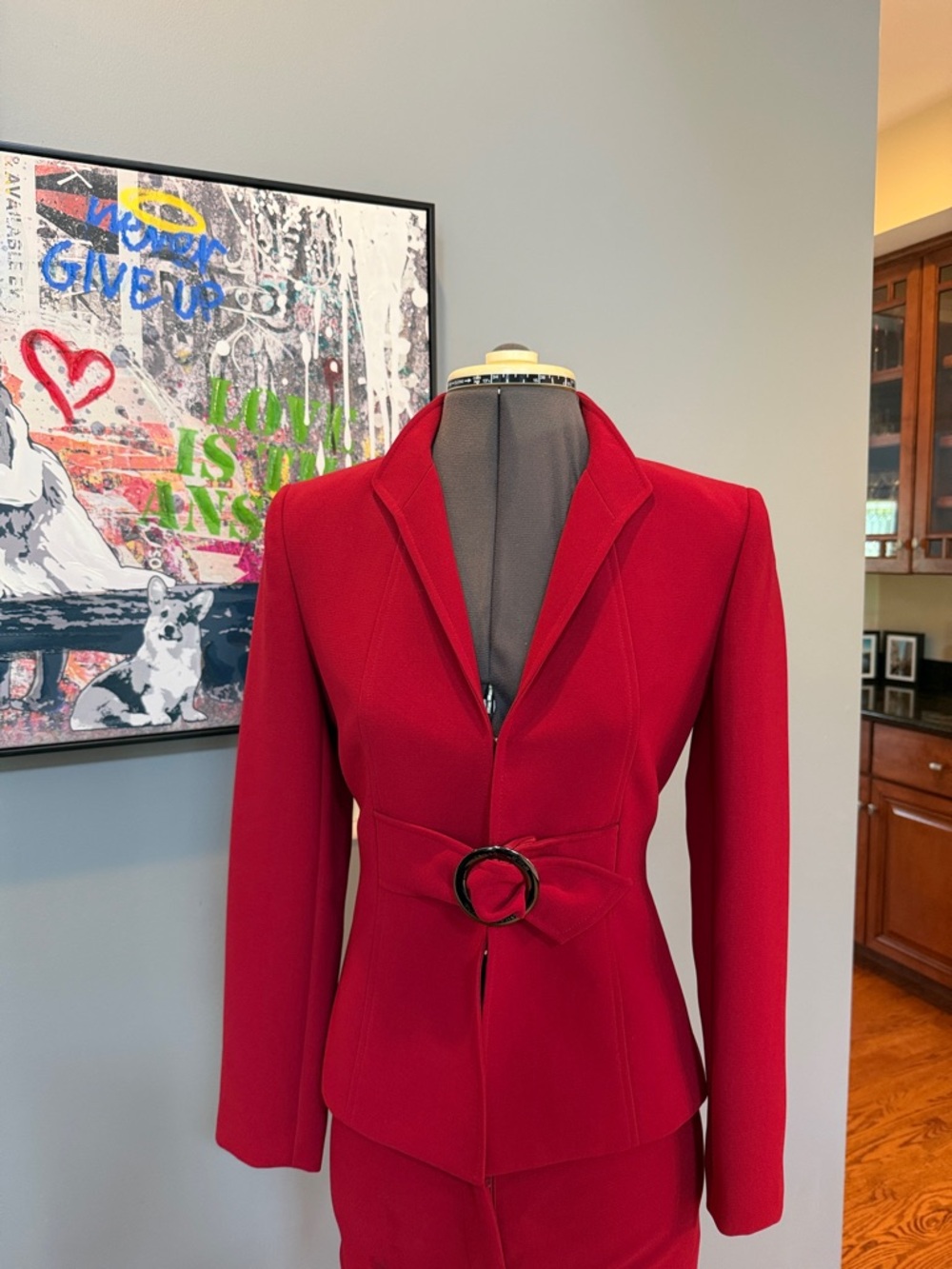 Structured Red Belted Women's Pant Suit
